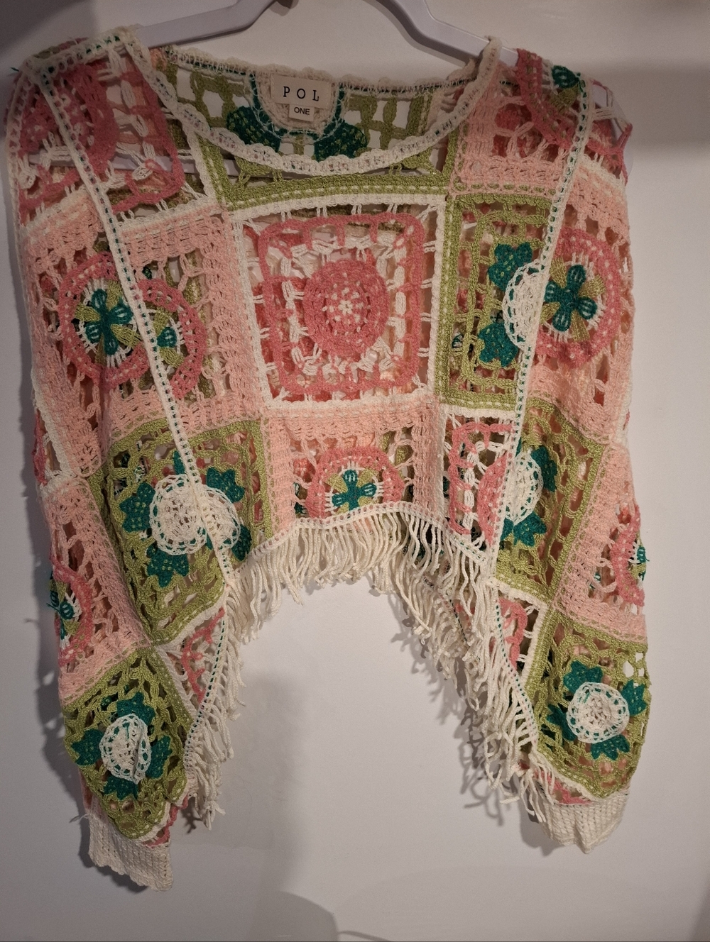 POL Multicolor Crochet Boho Fringe Crop Sweater in Pink, Green, Cream NWOT - Picture 2 of 4